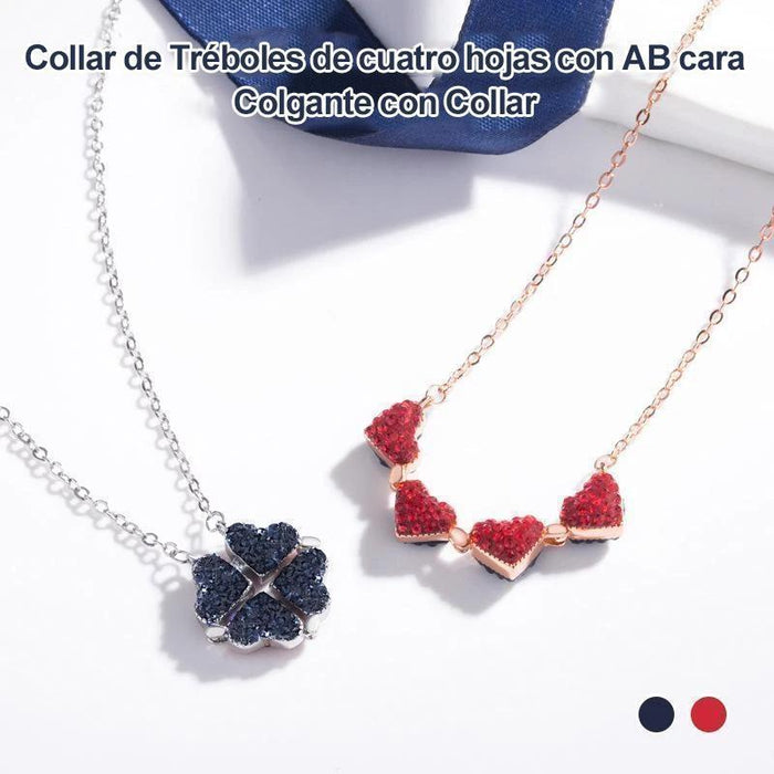 Collar de Cristal de Corazón de Tréboles de Cuatro Hojas de Doble Cara